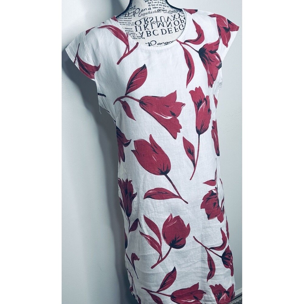 Lena Tomei Italy 100%‎ Linen Floral Midi Sheath Dress Side Panels Coastal Beach